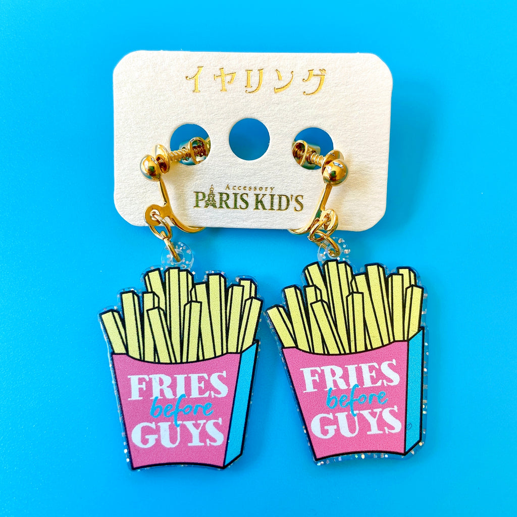 Paris Kids "Fries Before Guys" clip-on earrings